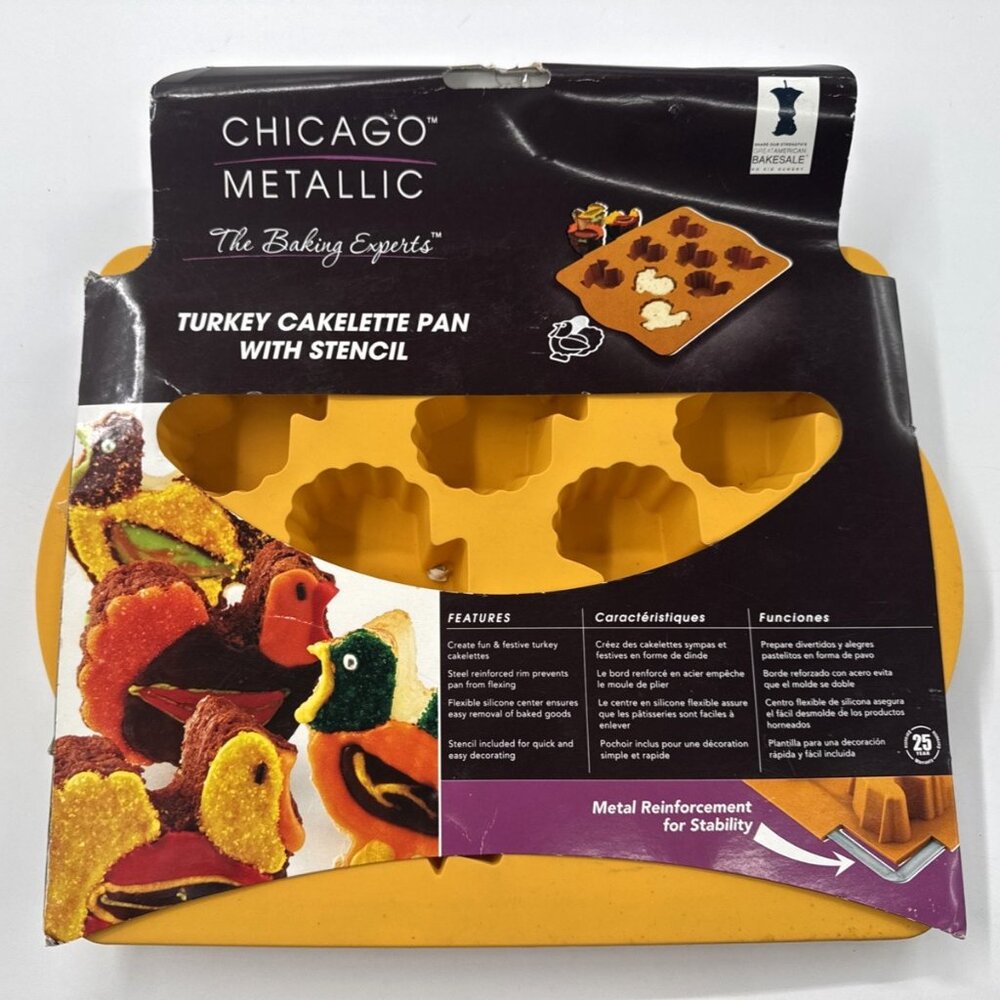 Chicago Metallic Silicone Turkey Shaped Cakelette Cake Pan with Stencil NEW
